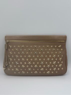 Jimmy Choo Taupe Leather Star-Studded Wristlet Clutch with Gold Hardware